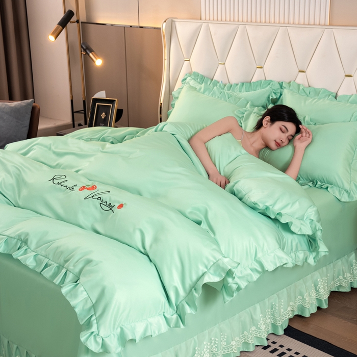 91家纺网 家纺一手货源 找家纺 畅畅家纺 2026新款水洗天丝纯色刺绣四件套床品套件 盛夏浅绿