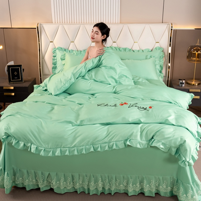 91家纺网 家纺一手货源 找家纺 畅畅家纺 2026新款水洗天丝纯色刺绣四件套床品套件 盛夏浅绿