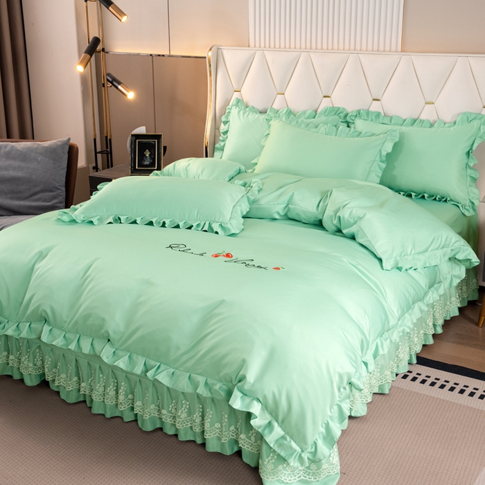 91家纺网 家纺一手货源 找家纺 畅畅家纺 2026新款水洗天丝纯色刺绣四件套床品套件 盛夏浅绿