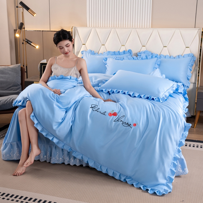 91家纺网 家纺一手货源 找家纺 畅畅家纺 2026新款水洗天丝纯色刺绣四件套床品套件 盛夏天蓝