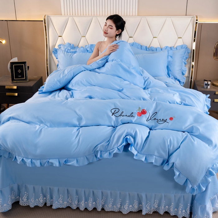 91家纺网 家纺一手货源 找家纺 畅畅家纺 2026新款水洗天丝纯色刺绣四件套床品套件 盛夏天蓝