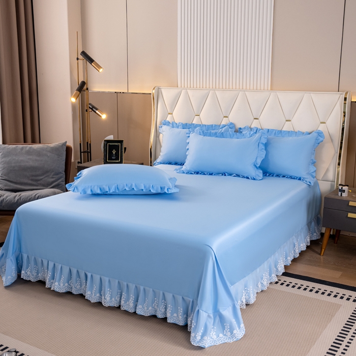 91家纺网 家纺一手货源 找家纺 畅畅家纺 2026新款水洗天丝纯色刺绣四件套床品套件 盛夏天蓝