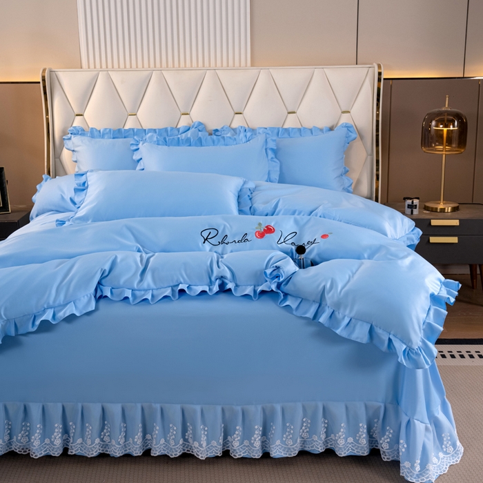 91家纺网 家纺一手货源 找家纺 畅畅家纺 2026新款水洗天丝纯色刺绣四件套床品套件 盛夏天蓝