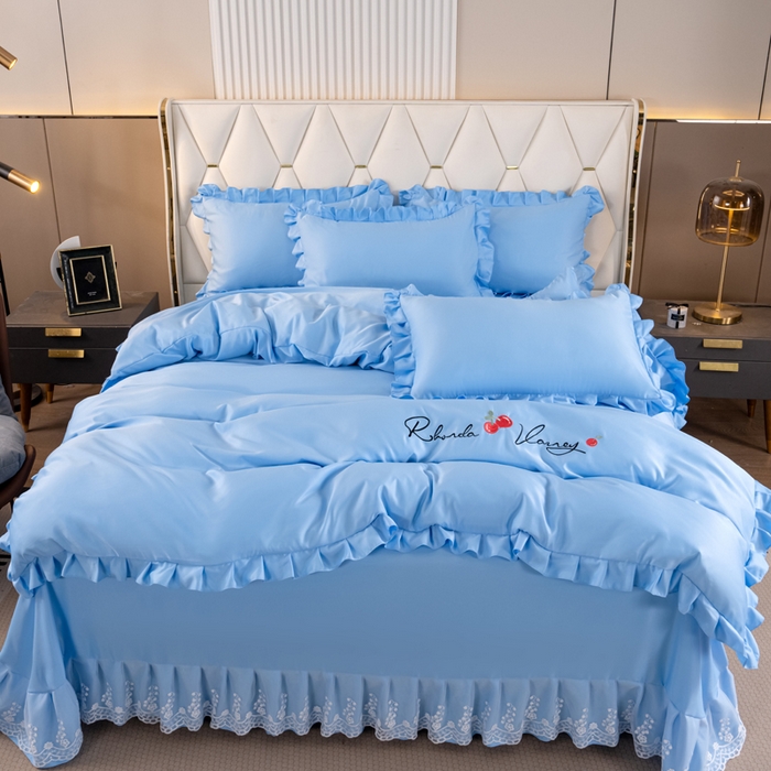 畅畅家纺 2026新款水洗天丝纯色刺绣四件套床品套件 盛夏天蓝