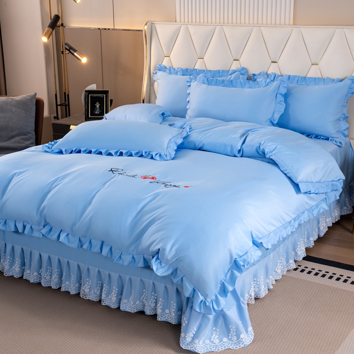 91家纺网 家纺一手货源 找家纺 畅畅家纺 2026新款水洗天丝纯色刺绣四件套床品套件 盛夏天蓝