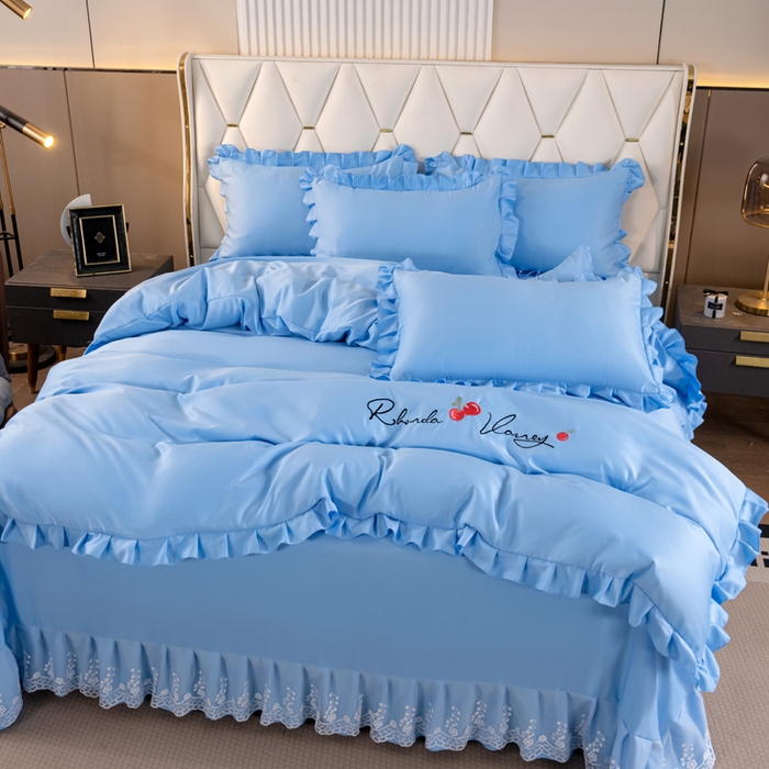 91家纺网 家纺一手货源 找家纺 畅畅家纺 2026新款水洗天丝纯色刺绣四件套床品套件 盛夏天蓝