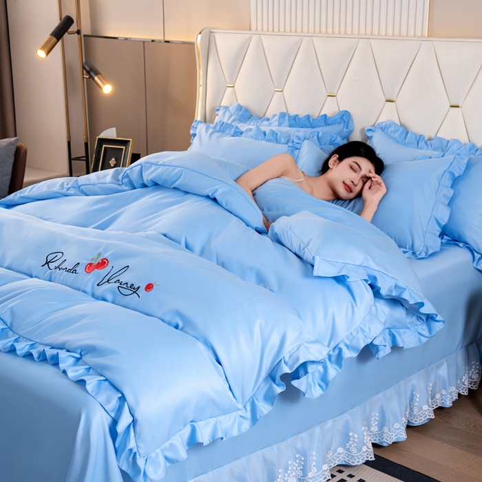 91家纺网 家纺一手货源 找家纺 畅畅家纺 2026新款水洗天丝纯色刺绣四件套床品套件 盛夏天蓝