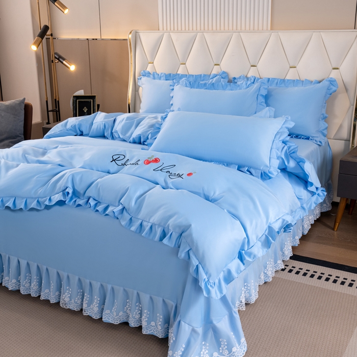 91家纺网 家纺一手货源 找家纺 畅畅家纺 2026新款水洗天丝纯色刺绣四件套床品套件 盛夏天蓝