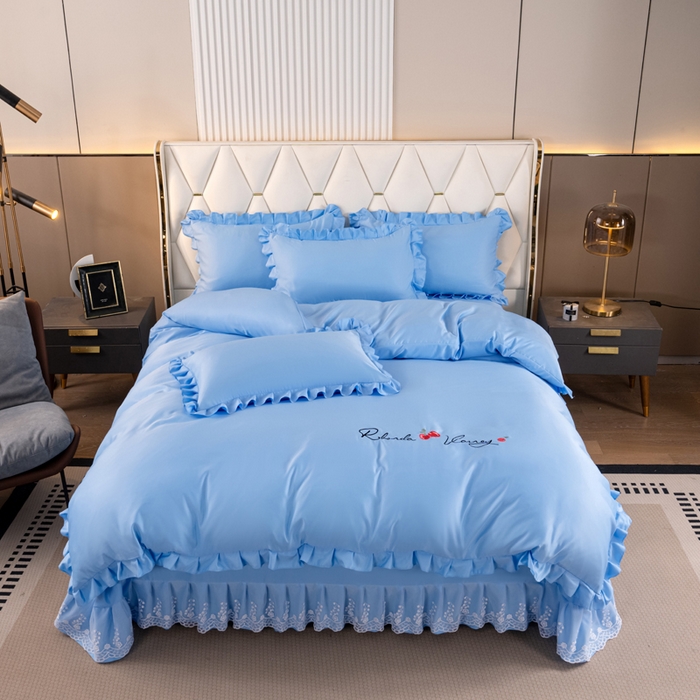 91家纺网 家纺一手货源 找家纺 畅畅家纺 2026新款水洗天丝纯色刺绣四件套床品套件 盛夏天蓝