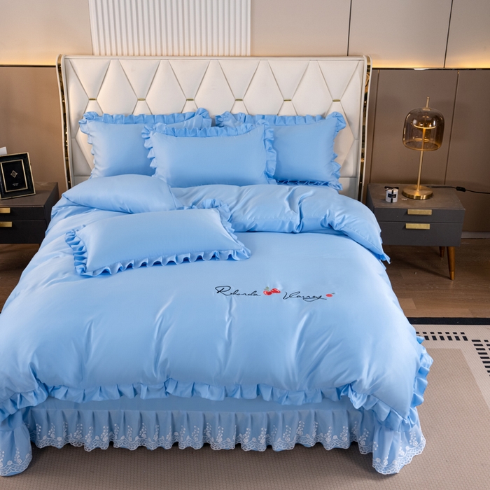 91家纺网 家纺一手货源 找家纺 畅畅家纺 2026新款水洗天丝纯色刺绣四件套床品套件 盛夏天蓝