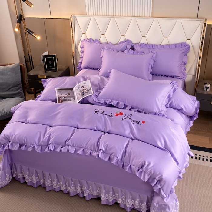 91家纺网 家纺一手货源 找家纺 畅畅家纺 2026新款水洗天丝纯色刺绣四件套床品套件 盛夏香芋紫