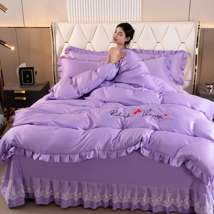 91家纺网 家纺一手货源 找家纺 畅畅家纺 2026新款水洗天丝纯色刺绣四件套床品套件 盛夏香芋紫