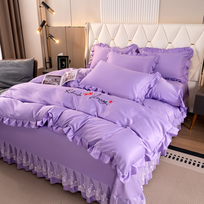 91家纺网 家纺一手货源 找家纺 畅畅家纺 2026新款水洗天丝纯色刺绣四件套床品套件 盛夏香芋紫