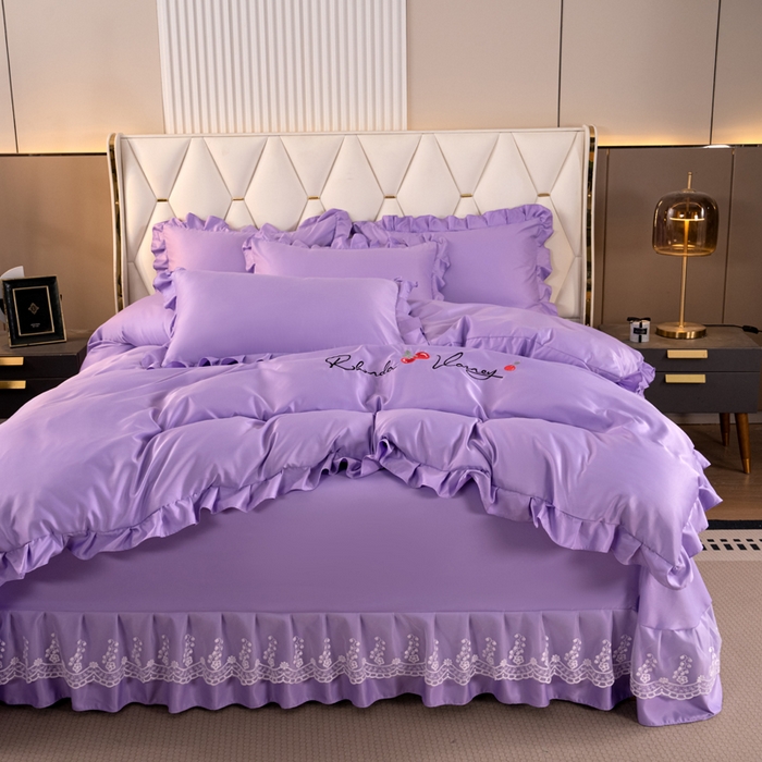 91家纺网 家纺一手货源 找家纺 畅畅家纺 2026新款水洗天丝纯色刺绣四件套床品套件 盛夏香芋紫