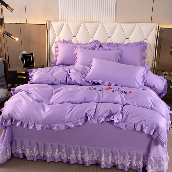 91家纺网 家纺一手货源 找家纺 畅畅家纺 2026新款水洗天丝纯色刺绣四件套床品套件 盛夏香芋紫