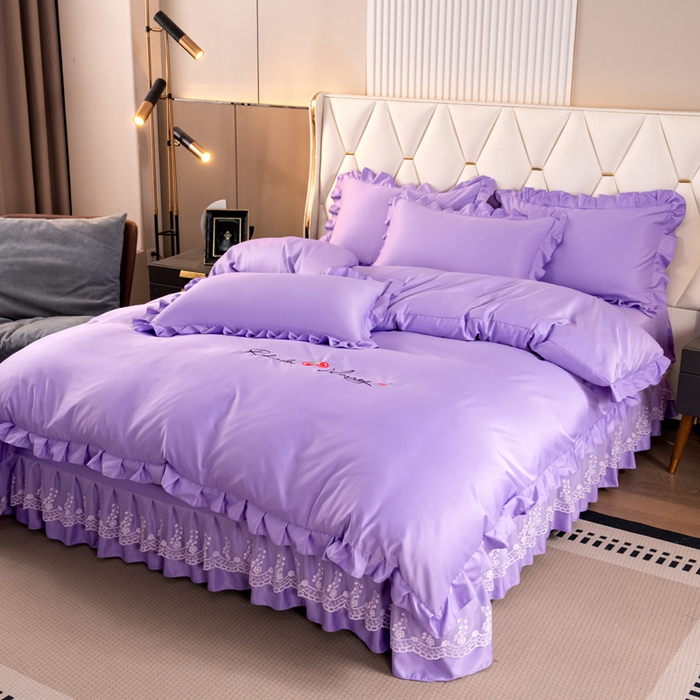 91家纺网 家纺一手货源 找家纺 畅畅家纺 2026新款水洗天丝纯色刺绣四件套床品套件 盛夏香芋紫