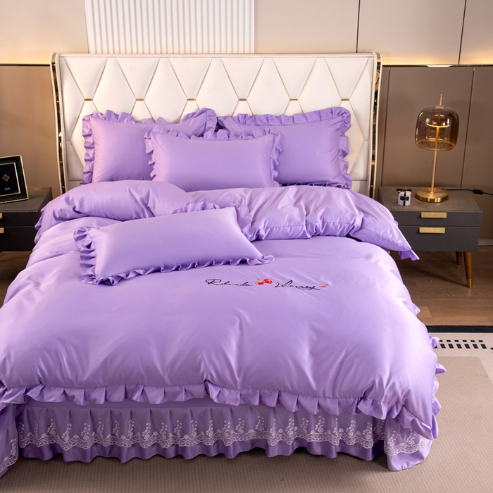 91家纺网 家纺一手货源 找家纺 畅畅家纺 2026新款水洗天丝纯色刺绣四件套床品套件 盛夏香芋紫