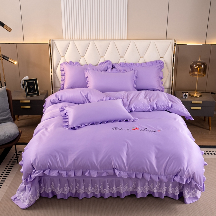 91家纺网 家纺一手货源 找家纺 畅畅家纺 2026新款水洗天丝纯色刺绣四件套床品套件 盛夏香芋紫