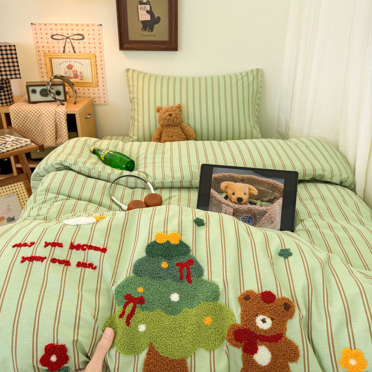 倾慕家纺 2026新款学生纯棉毛巾绣四件套 森林小熊