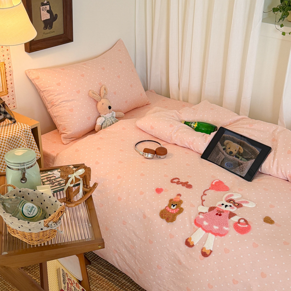 91家纺网 家纺一手货源 找家纺 倾慕家纺 2026新款学生纯棉毛巾绣四件套 兔兔熊