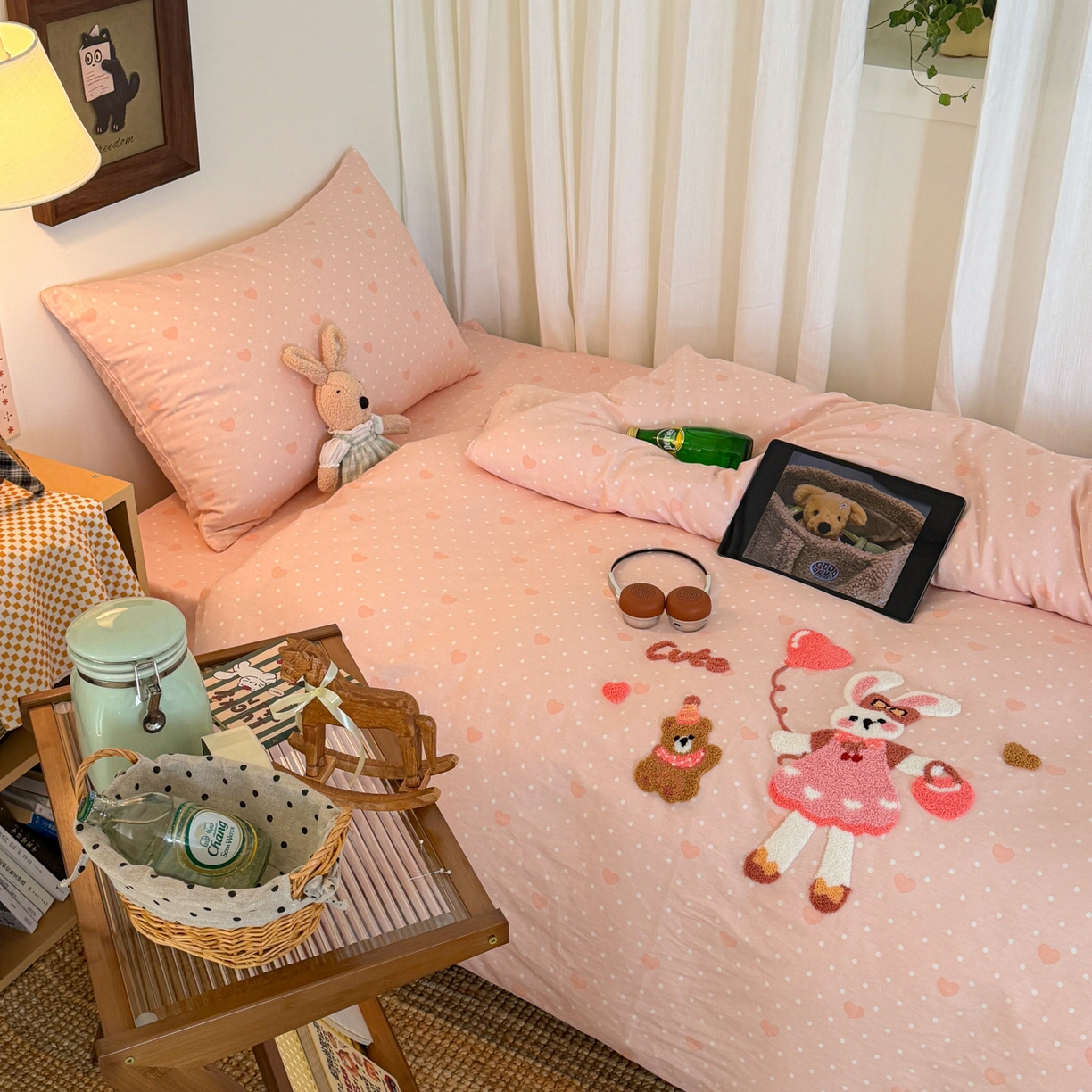 91家纺网 家纺一手货源 找家纺 倾慕家纺 2026新款学生纯棉毛巾绣四件套 兔兔熊