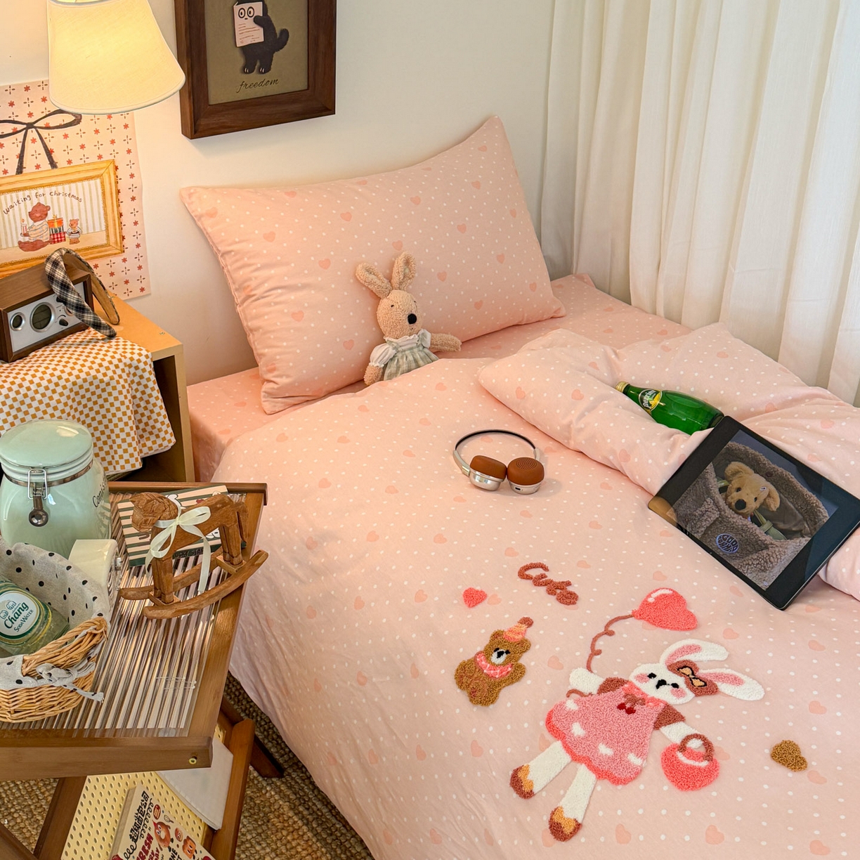 91家纺网 家纺一手货源 找家纺 倾慕家纺 2026新款学生纯棉毛巾绣四件套 兔兔熊