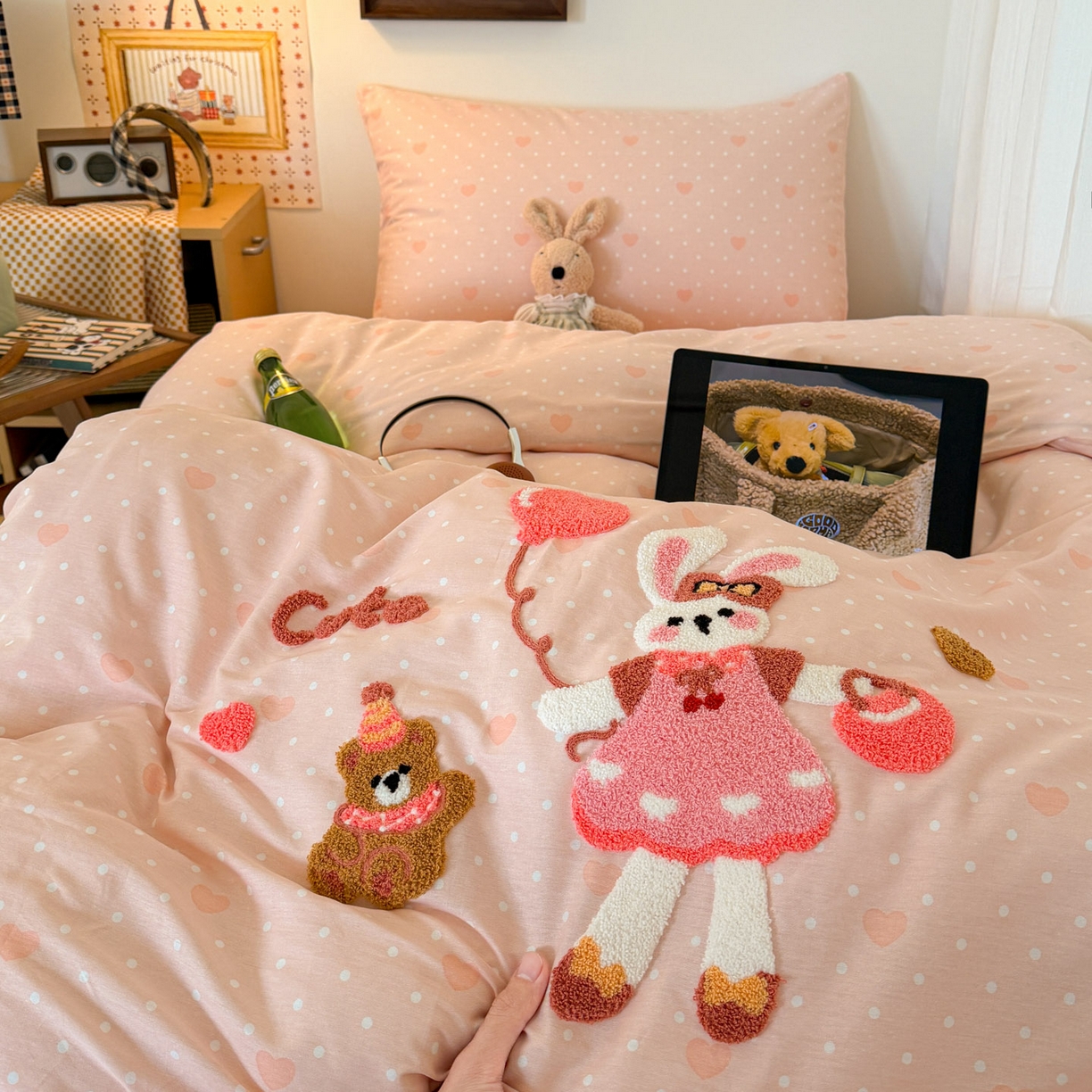 91家纺网 家纺一手货源 找家纺 倾慕家纺 2026新款学生纯棉毛巾绣四件套 兔兔熊