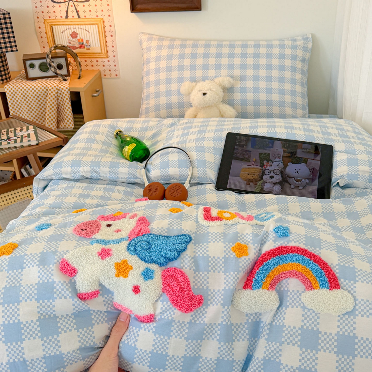 倾慕家纺 2026新款学生纯棉毛巾绣四件套 彩虹马