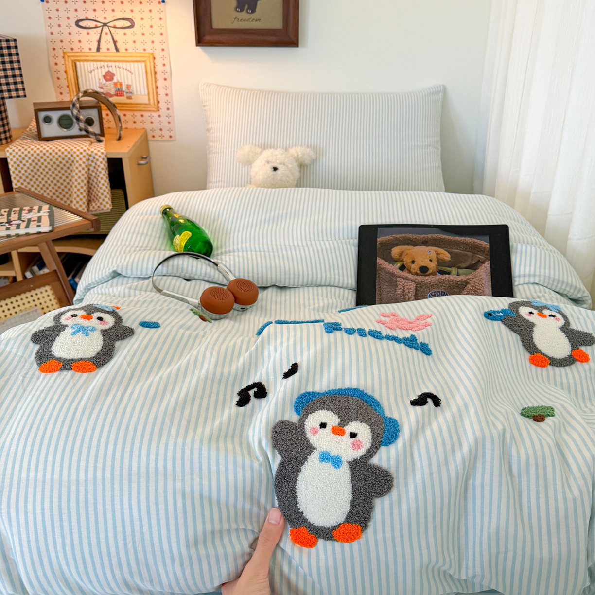 倾慕家纺 2026新款学生纯棉毛巾绣四件套 欢乐企鹅