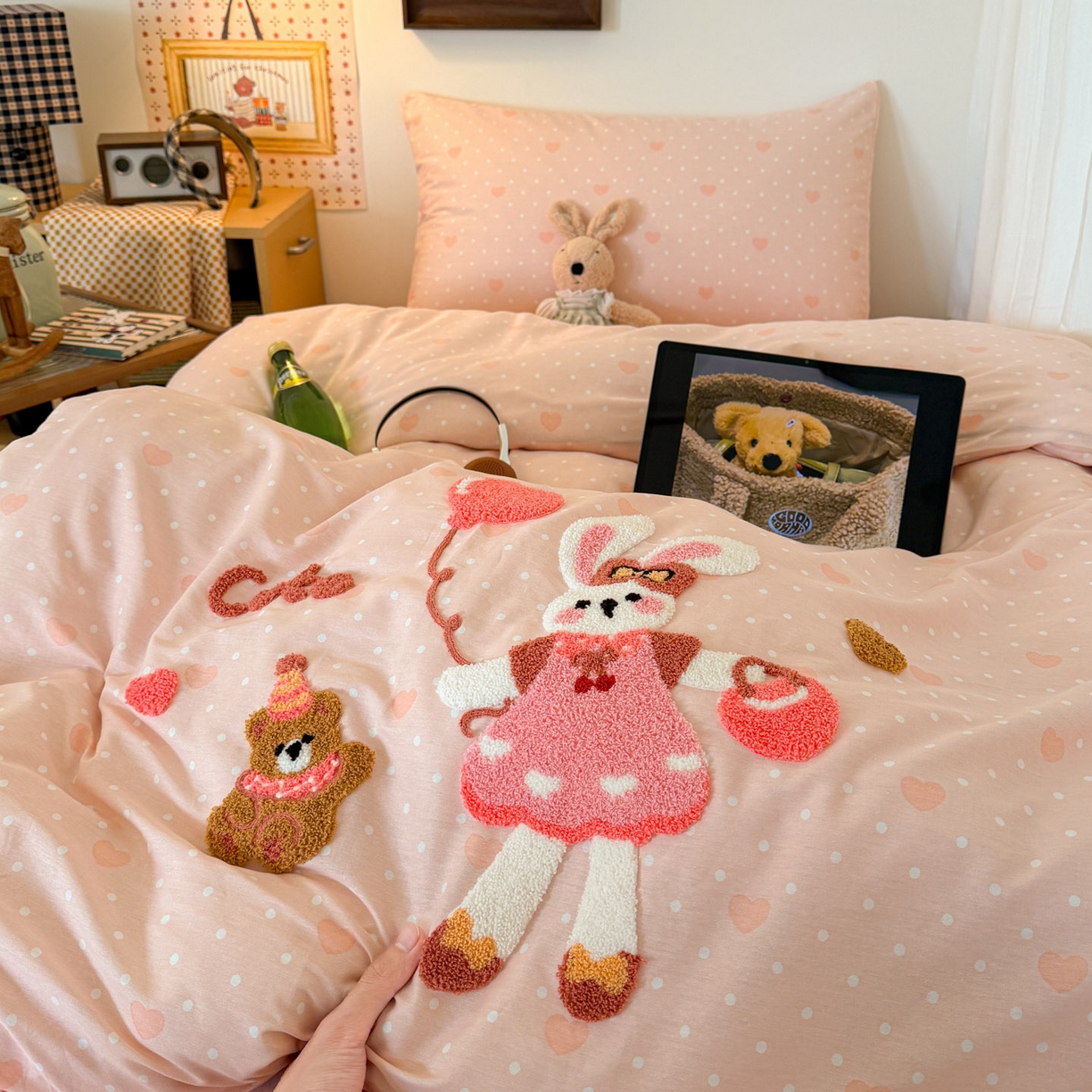 倾慕家纺 2026新款学生纯棉毛巾绣四件套 兔兔熊