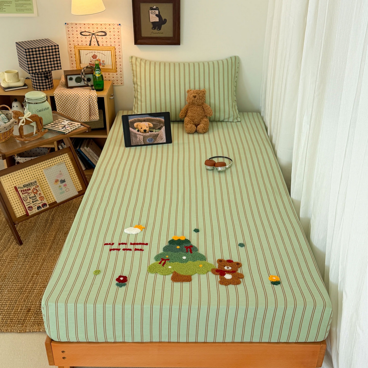 倾慕家纺 2026新款学生纯棉毛巾绣单床笠 床笠森林小熊