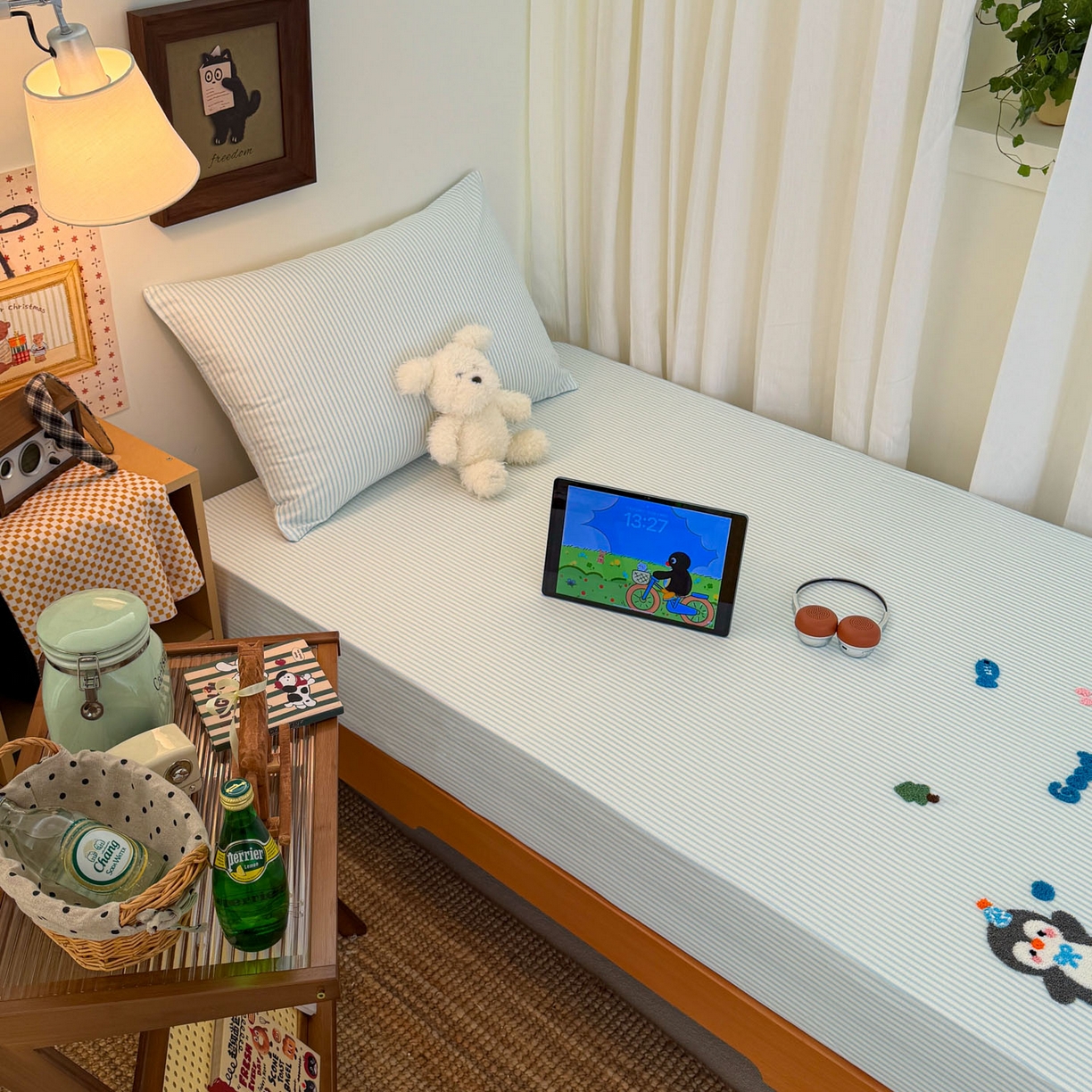 91家纺网 家纺一手货源 找家纺 倾慕家纺 2026新款学生纯棉毛巾绣单床笠 床笠欢乐企鹅