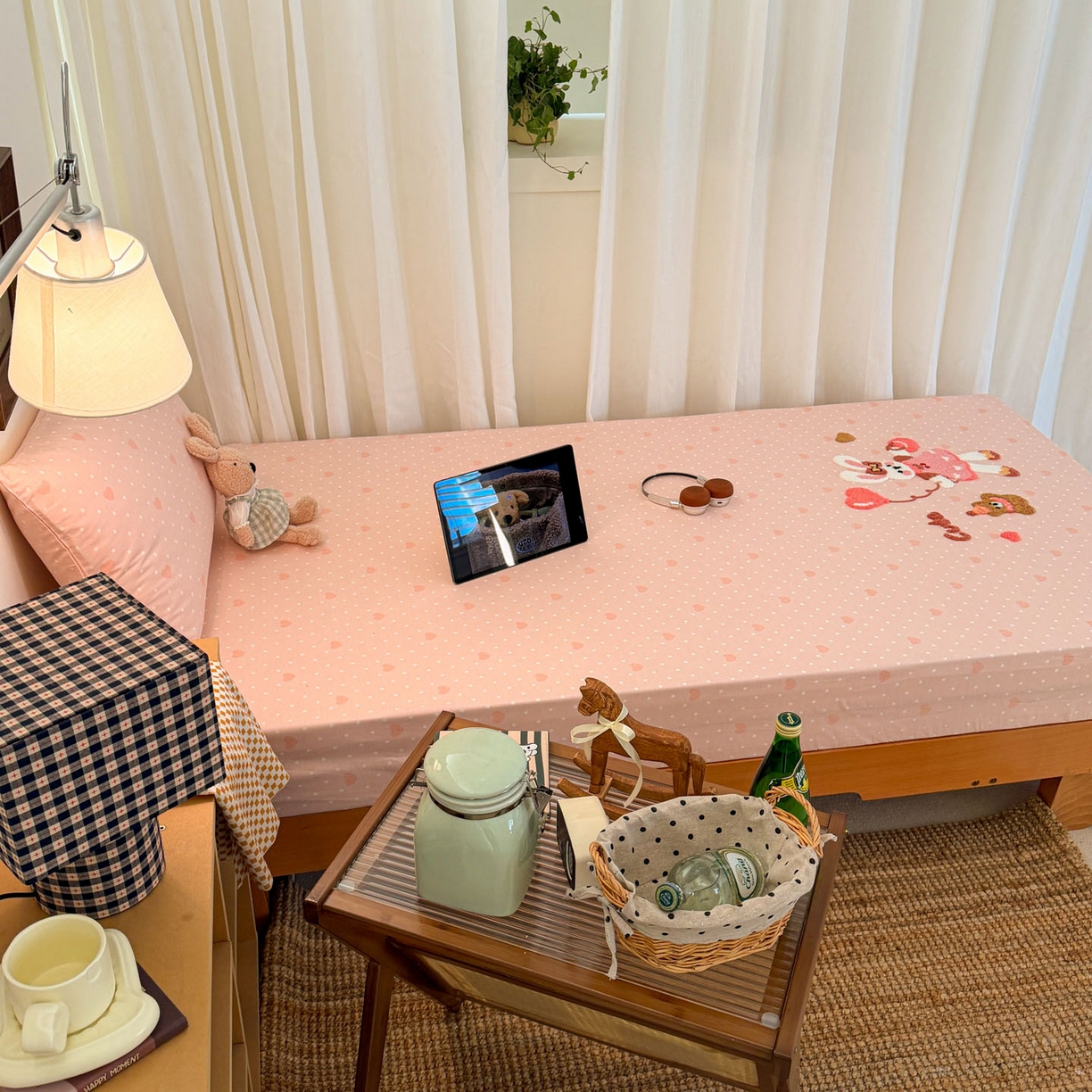 91家纺网 家纺一手货源 找家纺 倾慕家纺 2026新款学生纯棉毛巾绣单床笠 床笠兔兔熊