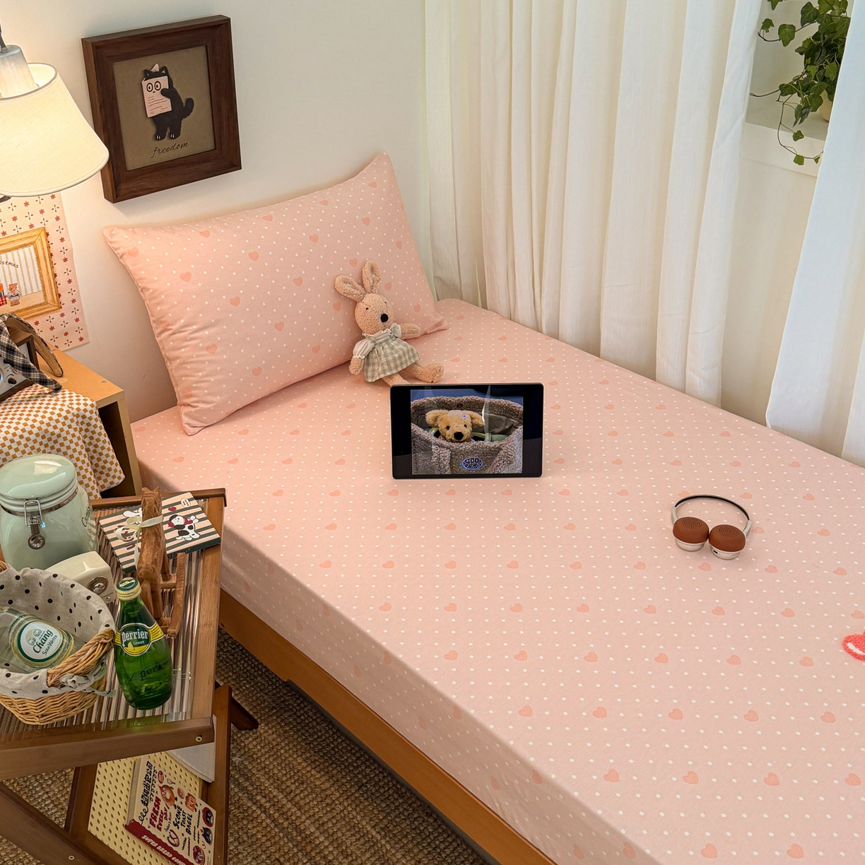 91家纺网 家纺一手货源 找家纺 倾慕家纺 2026新款学生纯棉毛巾绣单床笠 床笠兔兔熊