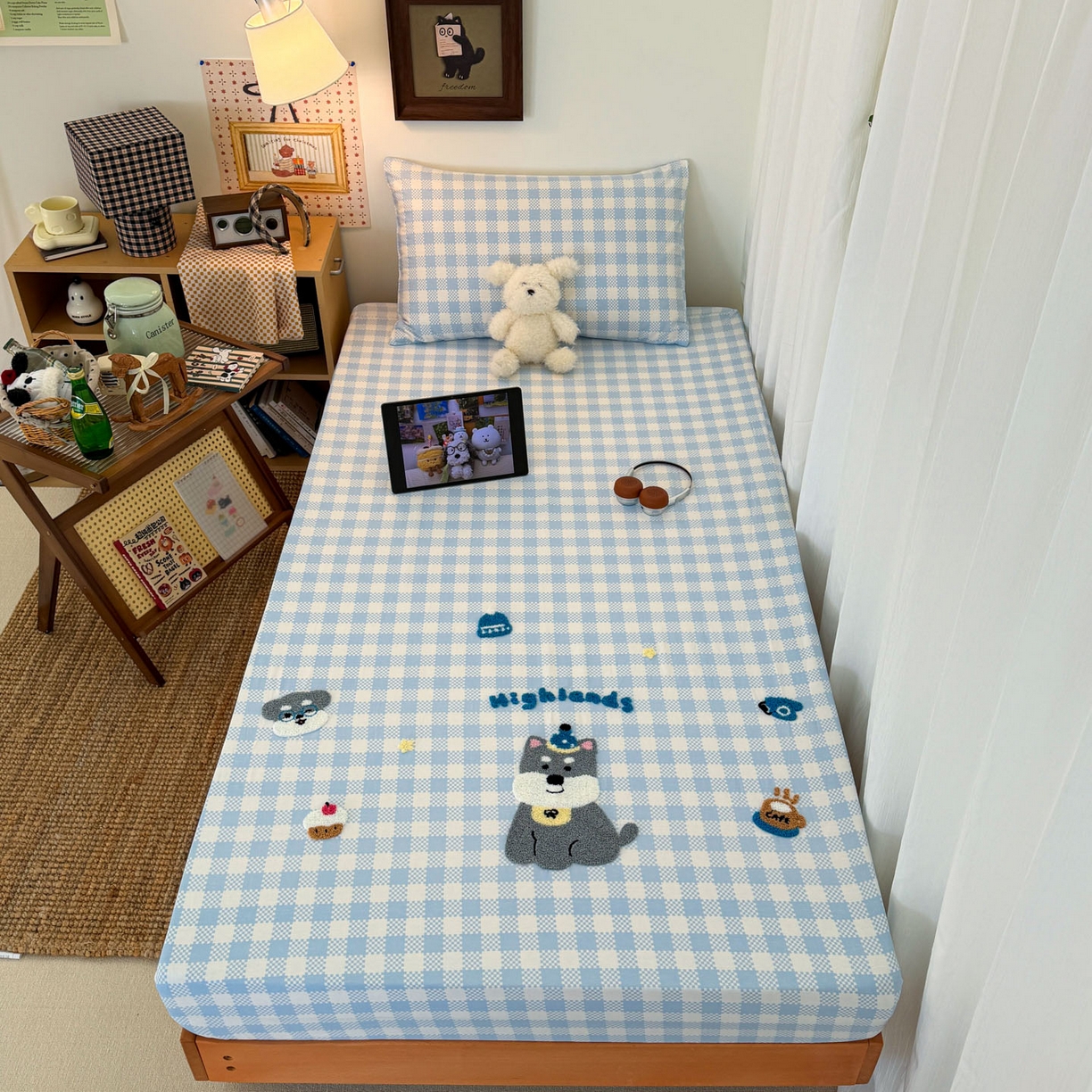 91家纺网 家纺一手货源 找家纺 倾慕家纺 2026新款学生纯棉毛巾绣单床笠 床笠格子小狗