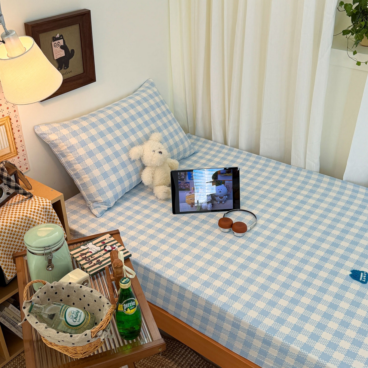 91家纺网 家纺一手货源 找家纺 倾慕家纺 2026新款学生纯棉毛巾绣单床笠 床笠格子小狗