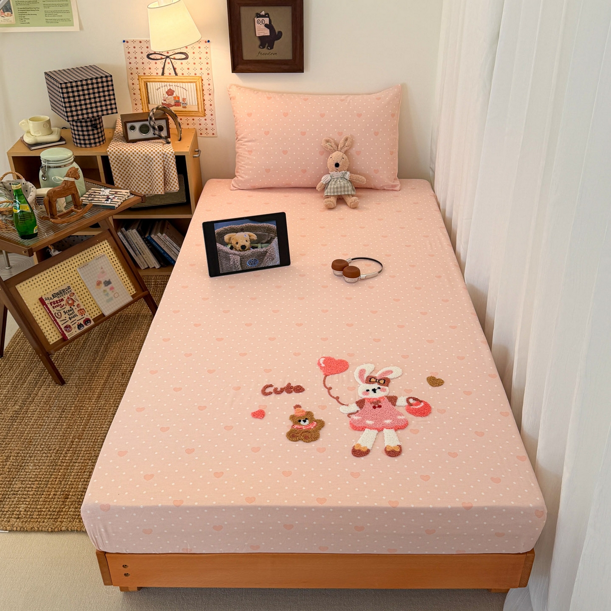 倾慕家纺 2026新款学生纯棉毛巾绣单床笠 床笠兔兔熊