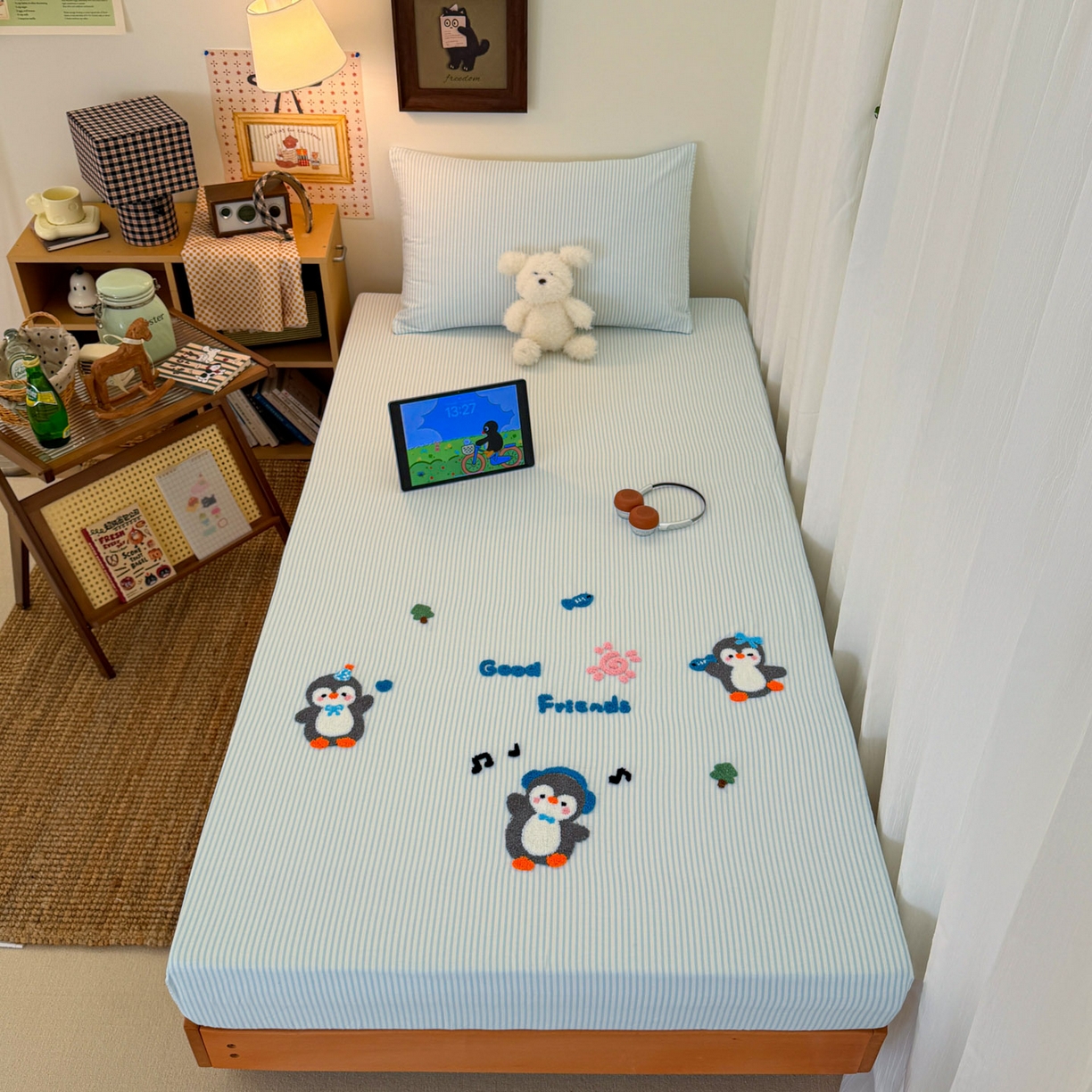 91家纺网 家纺一手货源 找家纺 倾慕家纺 2026新款学生纯棉毛巾绣单床笠 床笠欢乐企鹅