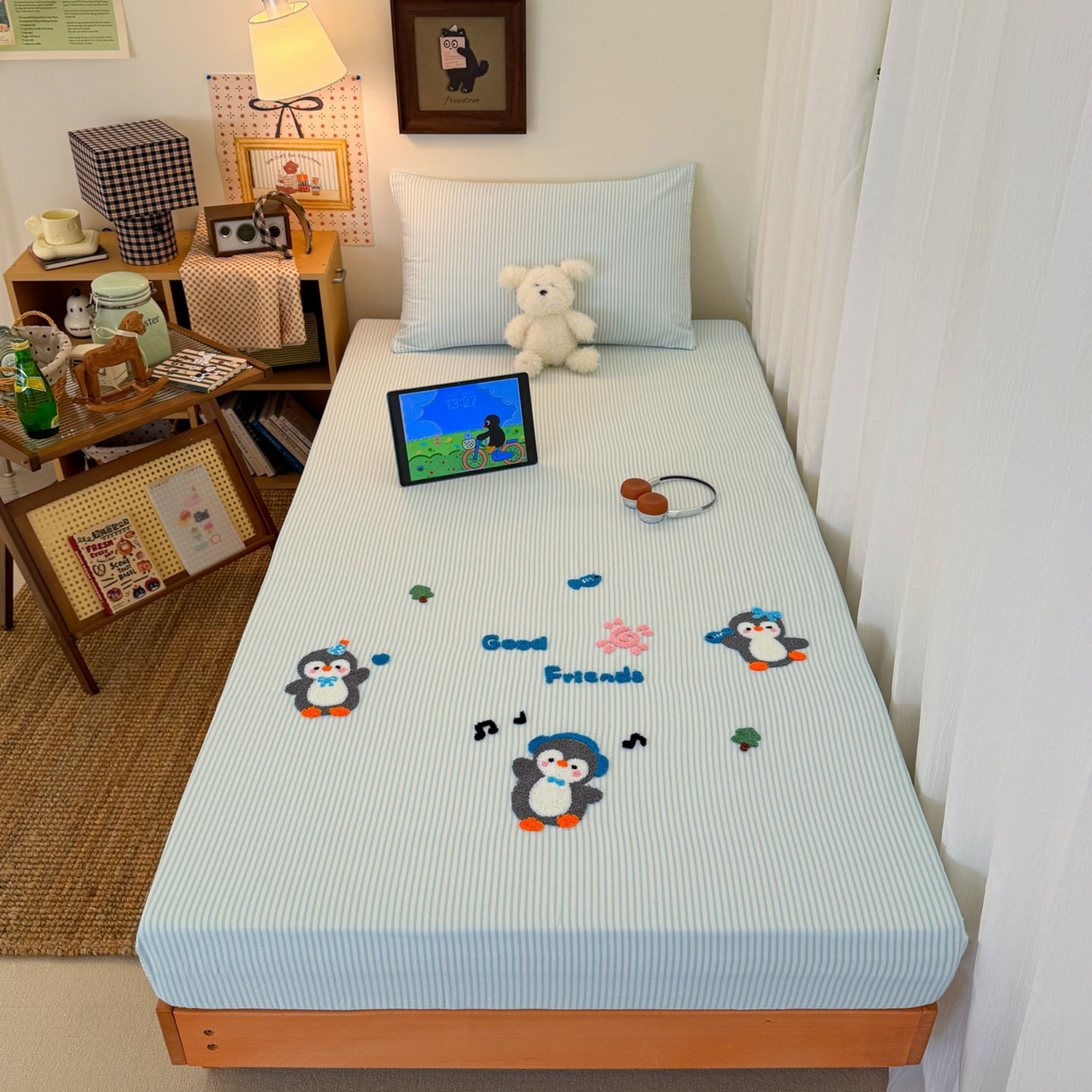 倾慕家纺 2026新款学生纯棉毛巾绣单床笠 床笠欢乐企鹅