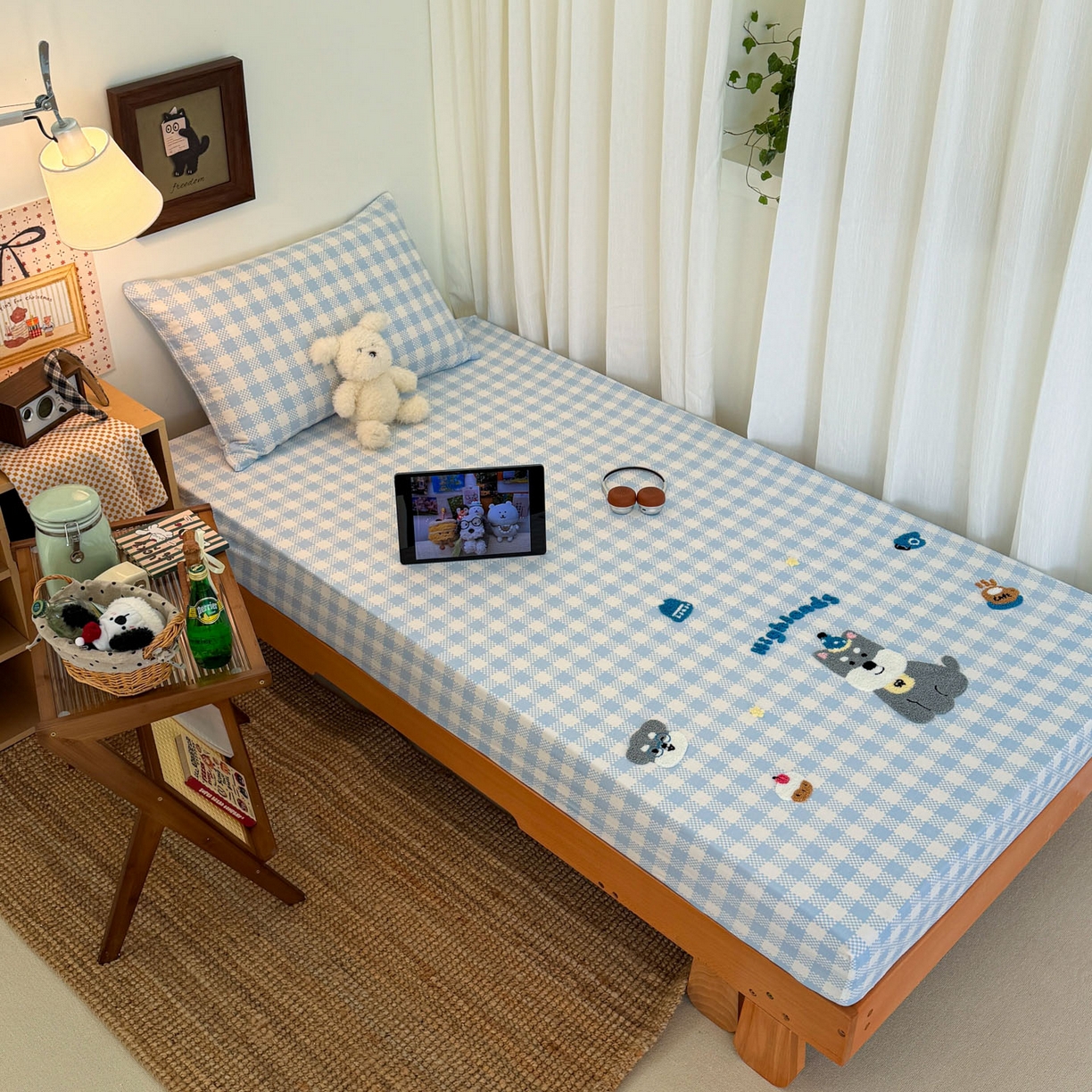 91家纺网 家纺一手货源 找家纺 倾慕家纺 2026新款学生纯棉毛巾绣单床笠 床笠格子小狗