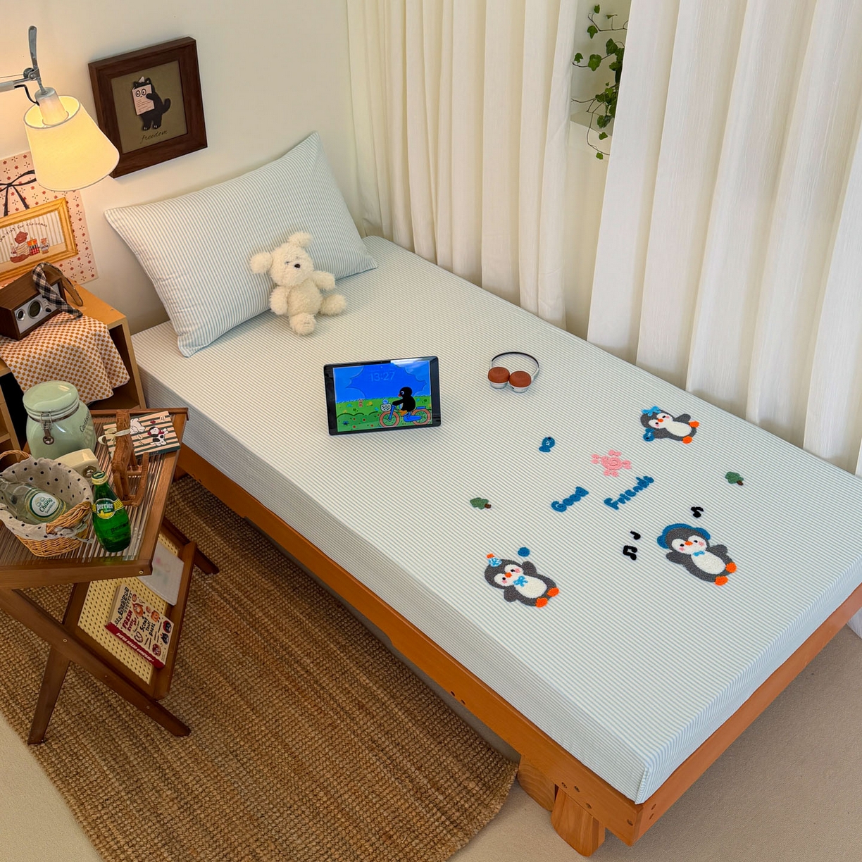 91家纺网 家纺一手货源 找家纺 倾慕家纺 2026新款学生纯棉毛巾绣单床笠 床笠欢乐企鹅