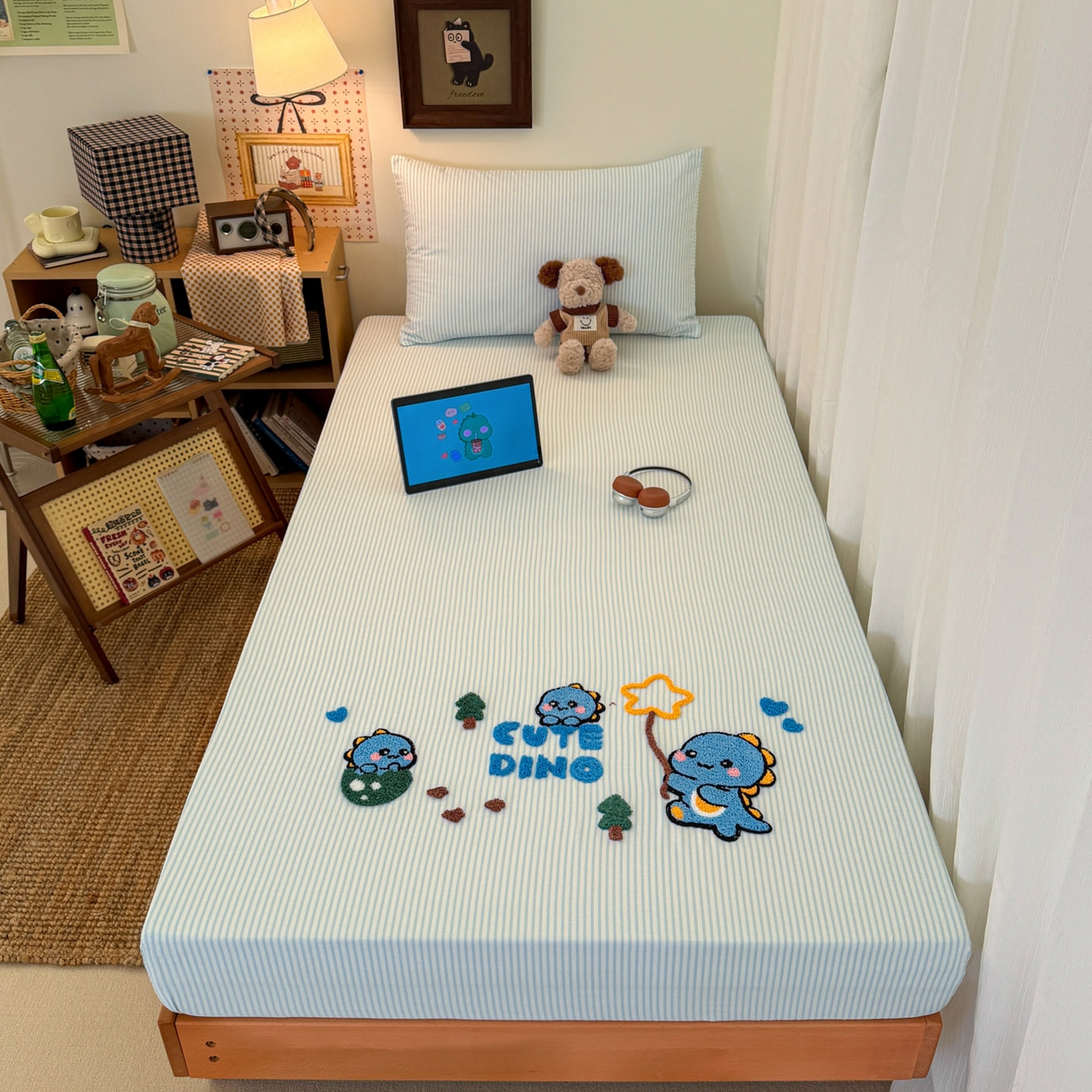 倾慕家纺 2026新款学生纯棉毛巾绣单床笠 床笠小树恐龙