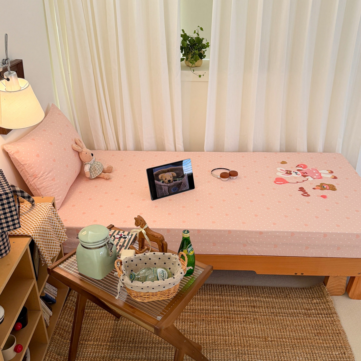 91家纺网 家纺一手货源 找家纺 倾慕家纺 2026新款学生纯棉毛巾绣单床笠 床笠兔兔熊