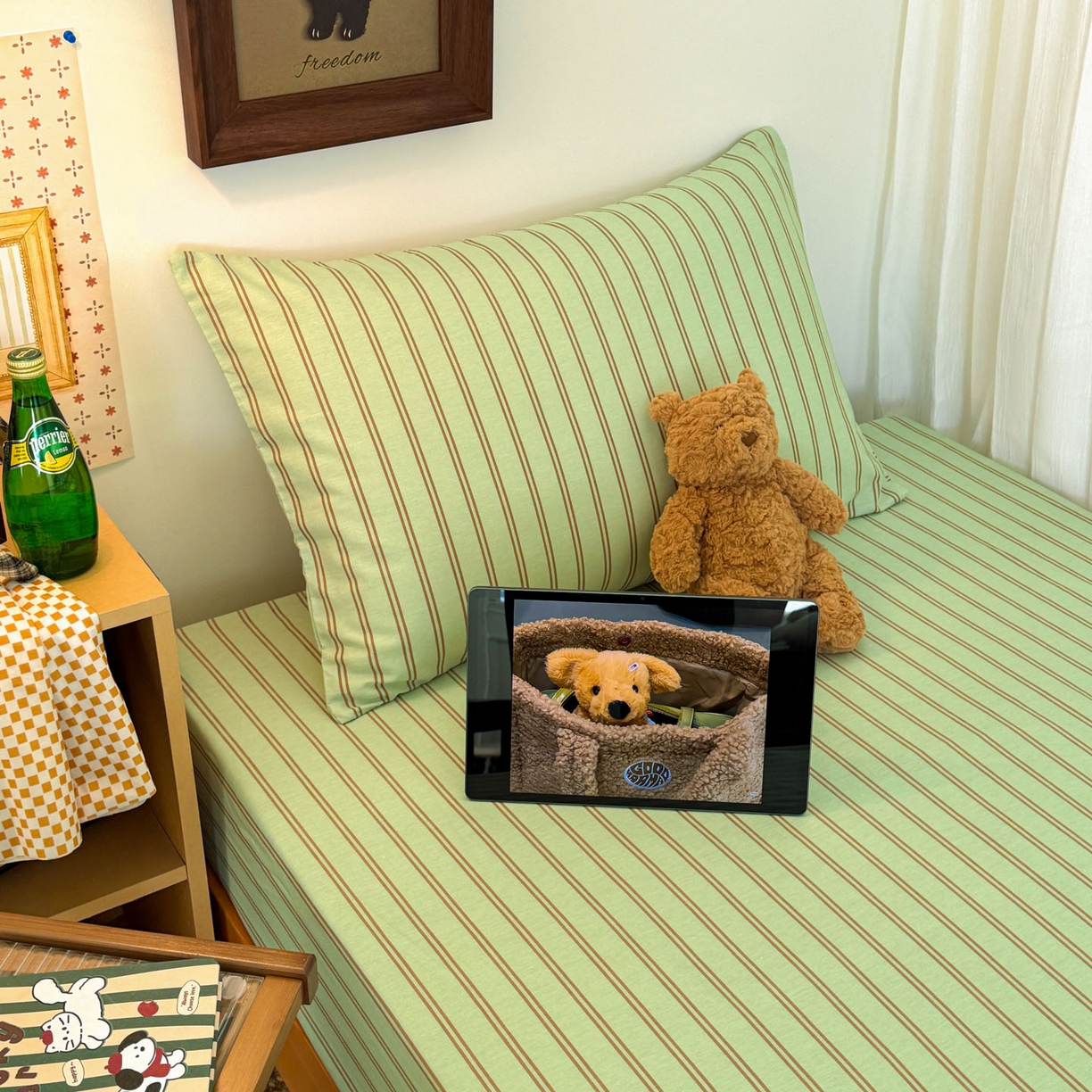 91家纺网 家纺一手货源 找家纺 倾慕家纺 2026新款学生纯棉毛巾绣单床笠 床笠森林小熊