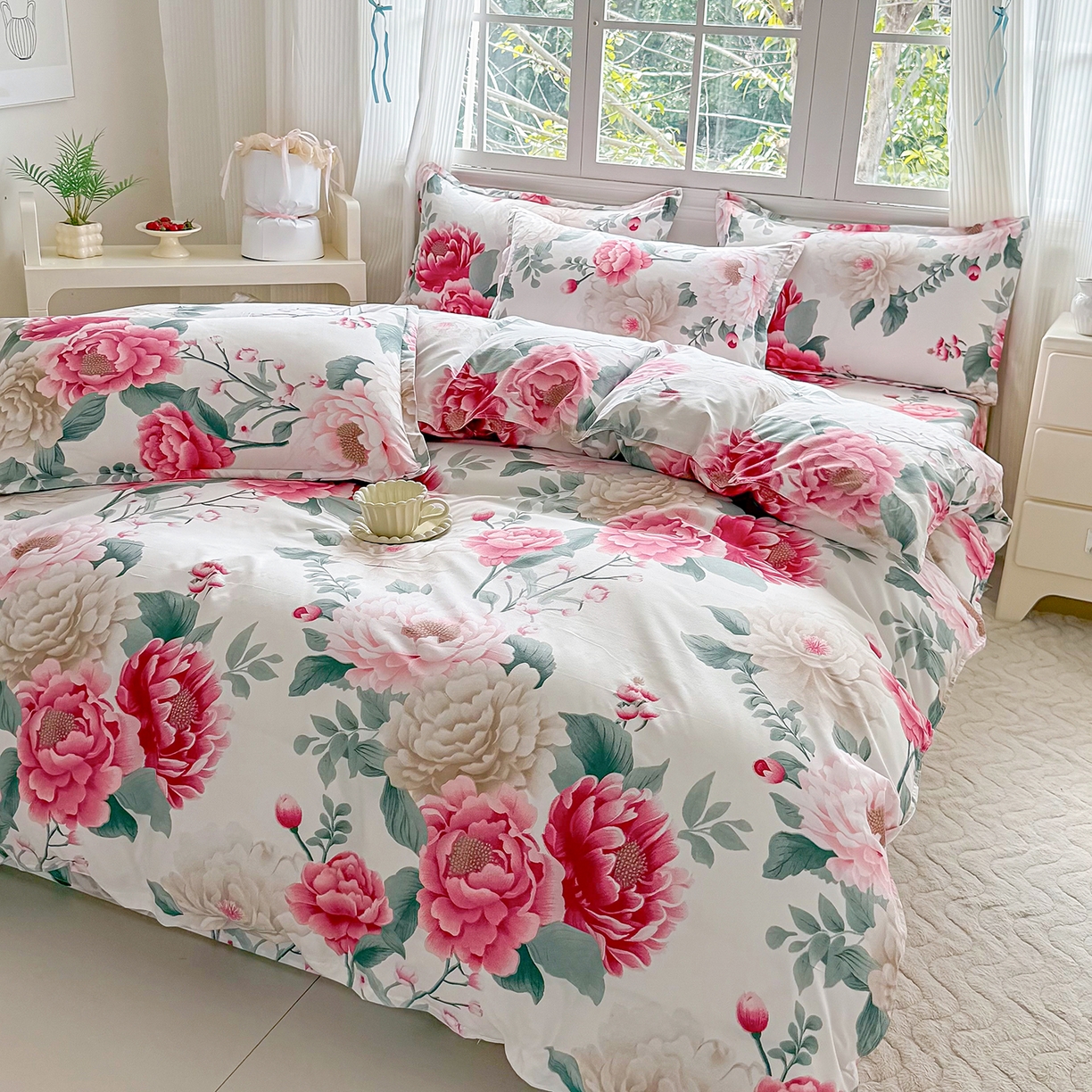 91家纺网 家纺一手货源 找家纺 梵巢家纺 2026新款芦荟棉四件套和单品印花四件套 床笠款四件套 花开富贵