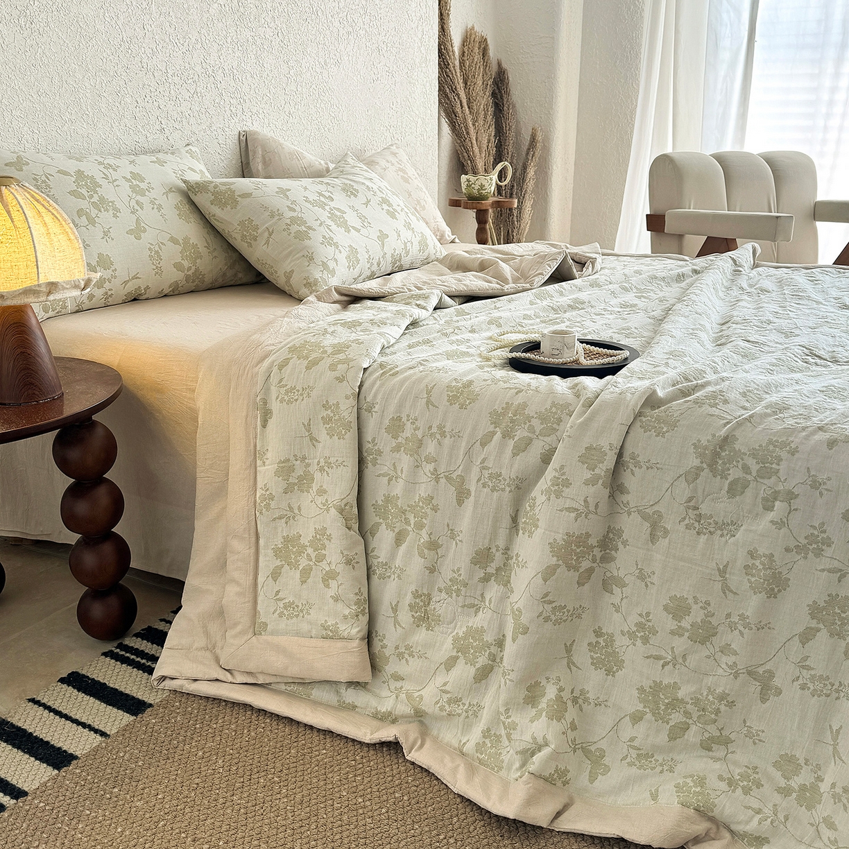 91家纺网 家纺一手货源 找家纺 薇玛仕 2026春夏新款全棉色织水洗棉三层纱夏被新疆棉花夏凉被四件套里外全棉 包过检 浅绿清眠