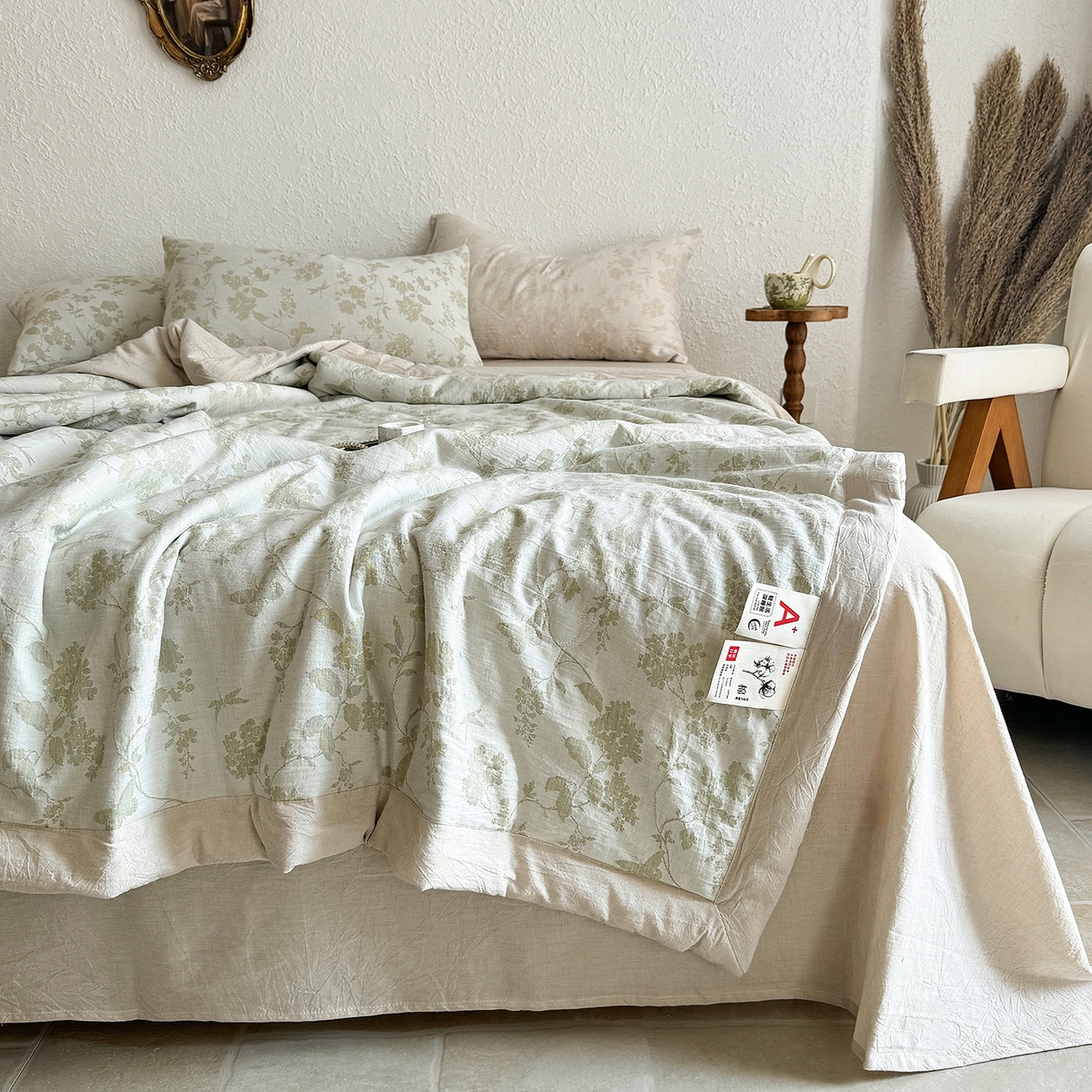91家纺网 家纺一手货源 找家纺 薇玛仕 2026春夏新款全棉色织水洗棉三层纱夏被新疆棉花夏凉被四件套里外全棉 包过检 浅绿清眠