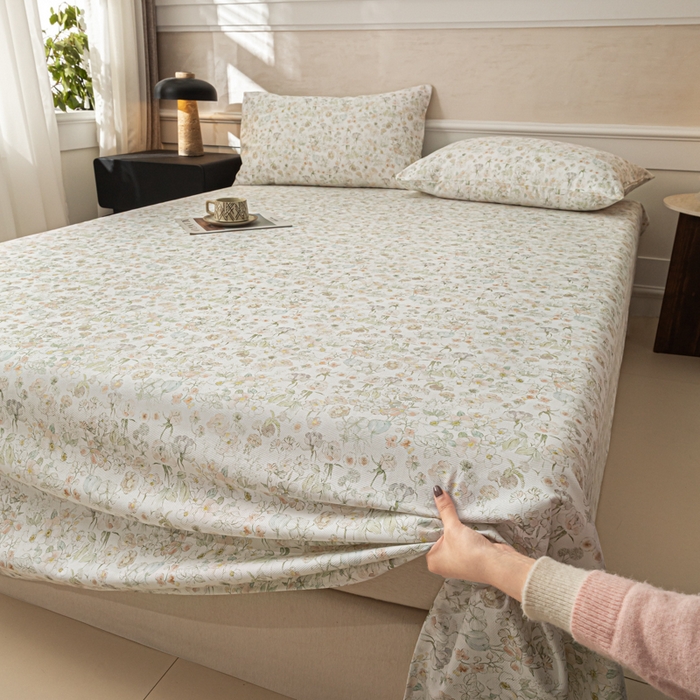 91家纺网 家纺一手货源 找家纺 爱彼家纺 2026新款纯棉提花A类新款老粗布夏季凉席单床单床单三件套-提花系列一 全棉提花-05奶白小碎花