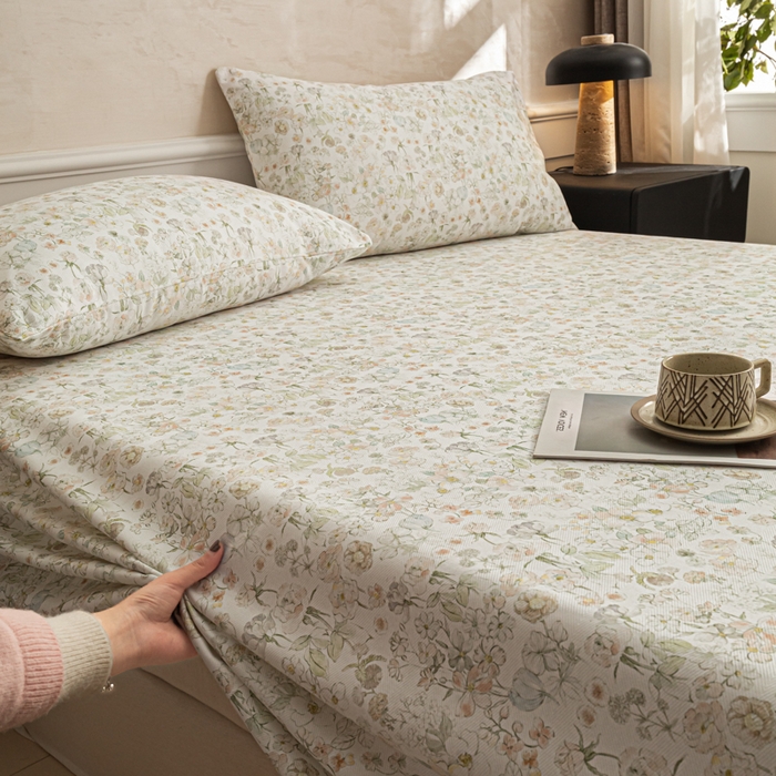 91家纺网 家纺一手货源 找家纺 爱彼家纺 2026新款纯棉提花A类新款老粗布夏季凉席单床单床单三件套-提花系列一 全棉提花-05奶白小碎花