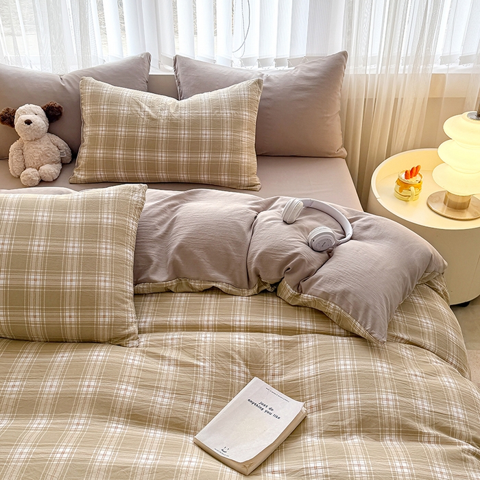 网客家纺 2026新款软糯云朵棉水洗棉四件套 绿野格